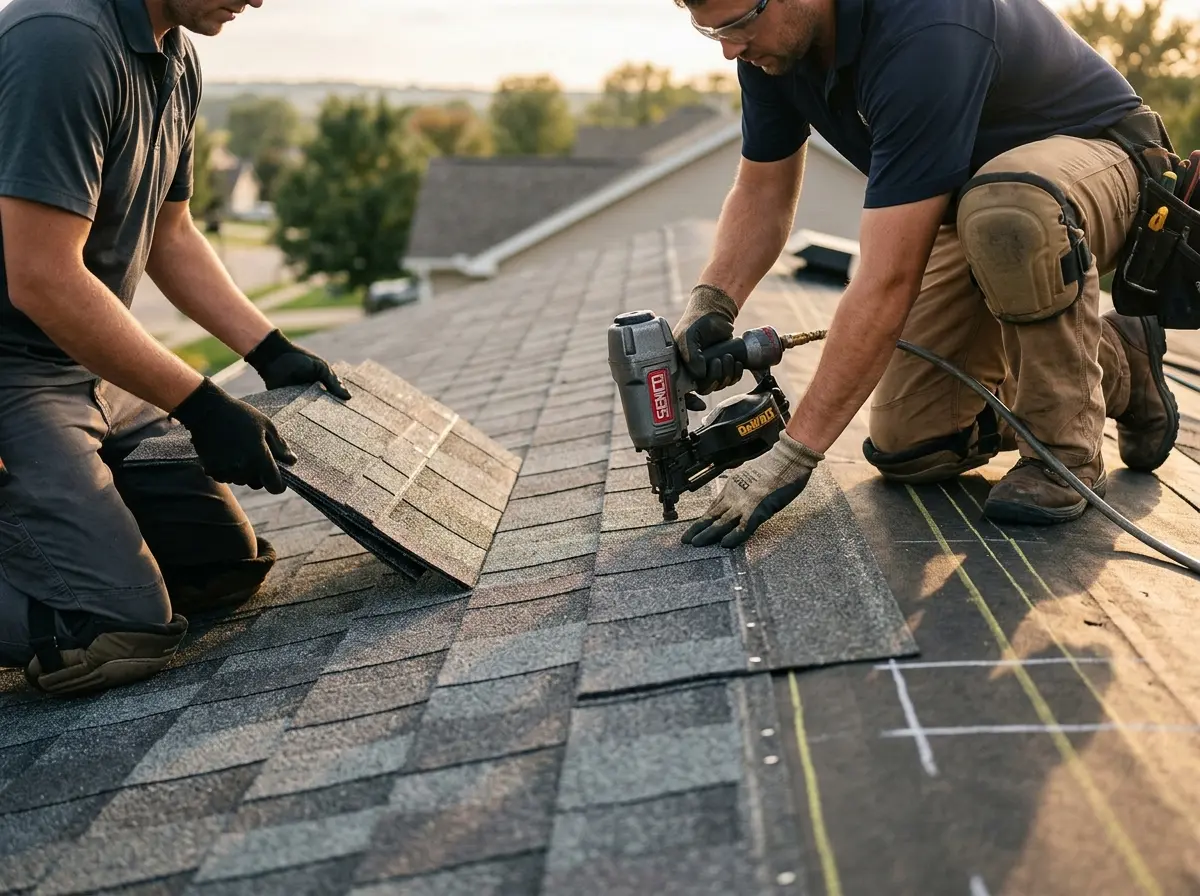 Professional roofer working on a residential roof in Superior